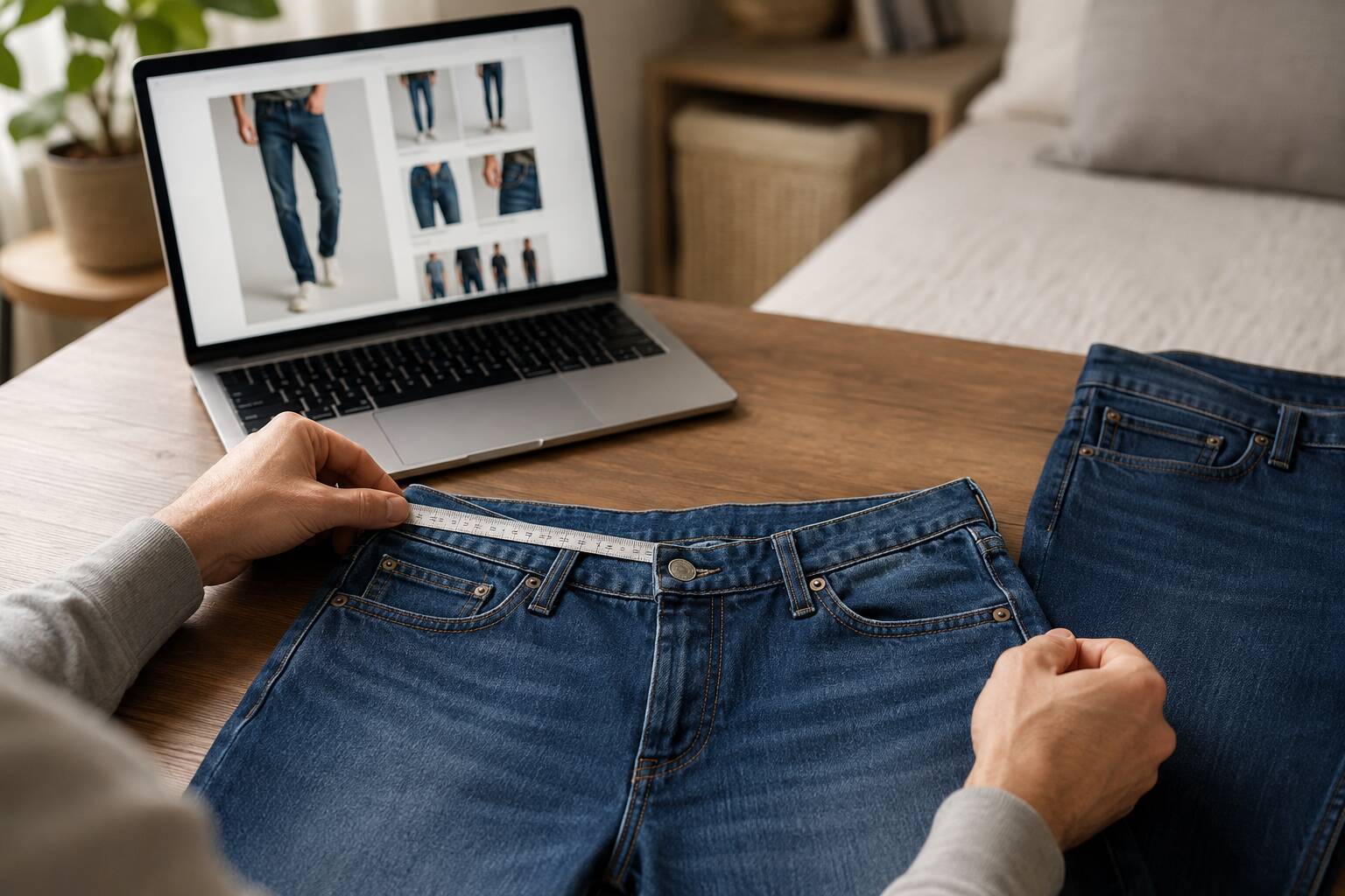 Buying men’s jeans online looks simple until the order arrives. The waist size appears correct, yet the thighs feel restrictive. The product photos show structured denim, but the actual fabric is thin and overly stretchy. The inseam matches your usual size, yet the jeans stack awkwardly above your shoes. These problems occur because shoppers often compare size labels and prices while overlooking garment measurements, fabric composition, rise, construction, and wash performance.  Online shopping also removes the fitting room from the decision. You cannot touch the denim, test the waistband, examine the inside seams, or see how the jeans move when you sit down. However, that does not mean buying jeans online has to be a gamble. A detailed product page can tell you almost everything you need to know—if you understand what to look for.  Before buying men’s jeans online, compare the garment measurements with a pair you already own, choose a fit that suits your body and footwear, and check the denim’s fiber content, weight, stretch, stitching, hardware, wash, and shrinkage. You should also review customer photos, return terms, and seller credibility. Never rely only on the labeled waist size, model image, brand name, or price.
