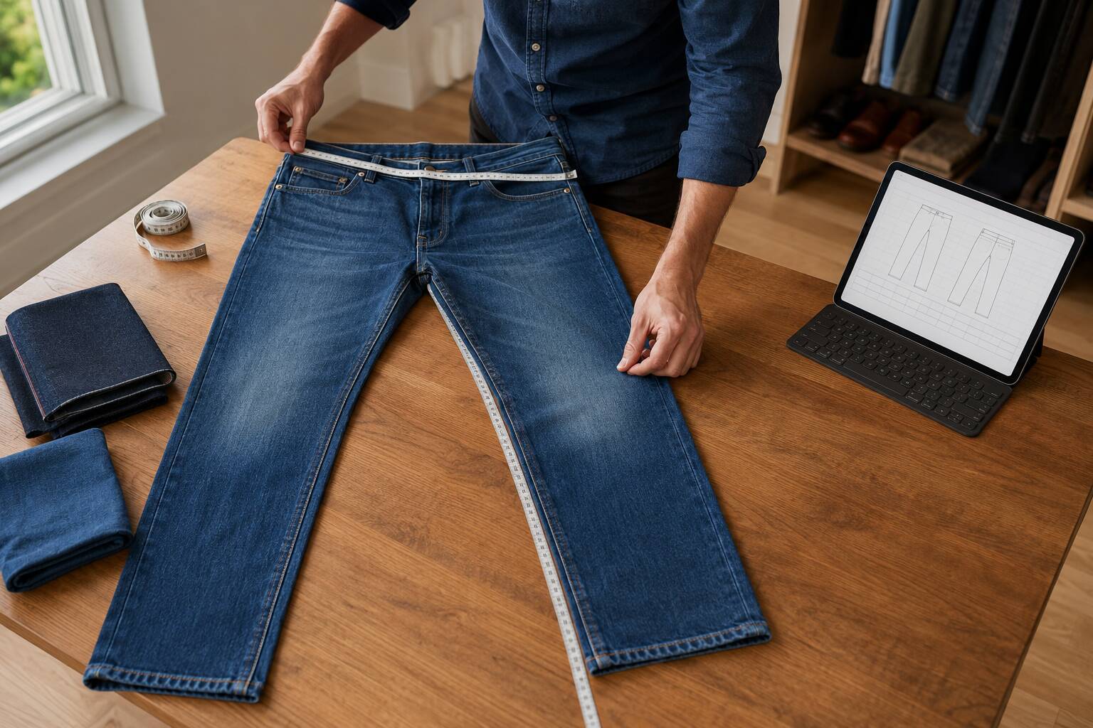 To choose the right jeans size online, measure a pair that already fits you well and compare its waist, rise, thigh, inseam, and leg opening with the seller’s garment chart. Do not rely only on your usual labeled size. Allow for the behavior of the fabric: rigid denim may relax with wear, while stretch denim should fit comfortably from the beginning.
