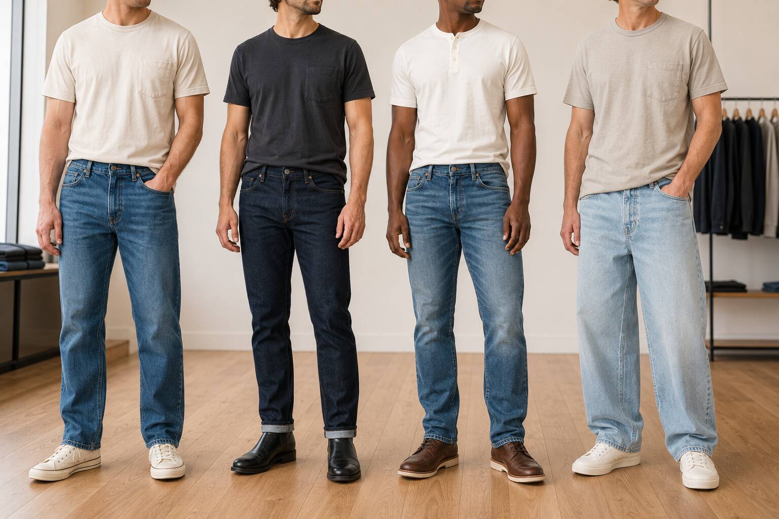The best fit follows your body without restricting movement or creating uncontrolled excess fabric. Straight and tapered jeans suit many men, athletic fits provide more thigh room, and relaxed or baggy cuts create a looser silhouette. Rise, thigh width, inseam, and leg opening are just as important as the fit name, which can vary significantly between brands.