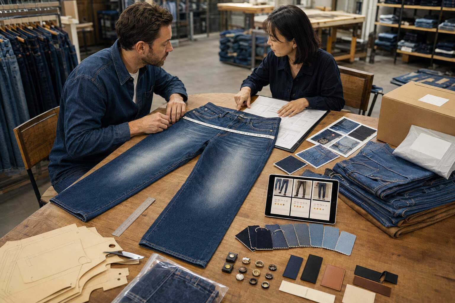 Before ordering, confirm the actual garment measurements, fabric composition, wash, product images, customer feedback, delivery cost, and return policy. Buy from sellers that provide transparent specifications, secure payment, responsive support, and realistic product claims. For custom or private-label jeans, confirm sampling, MOQ, grading, tolerances, branding, production time, quality control, and bulk-order capacity in writing.