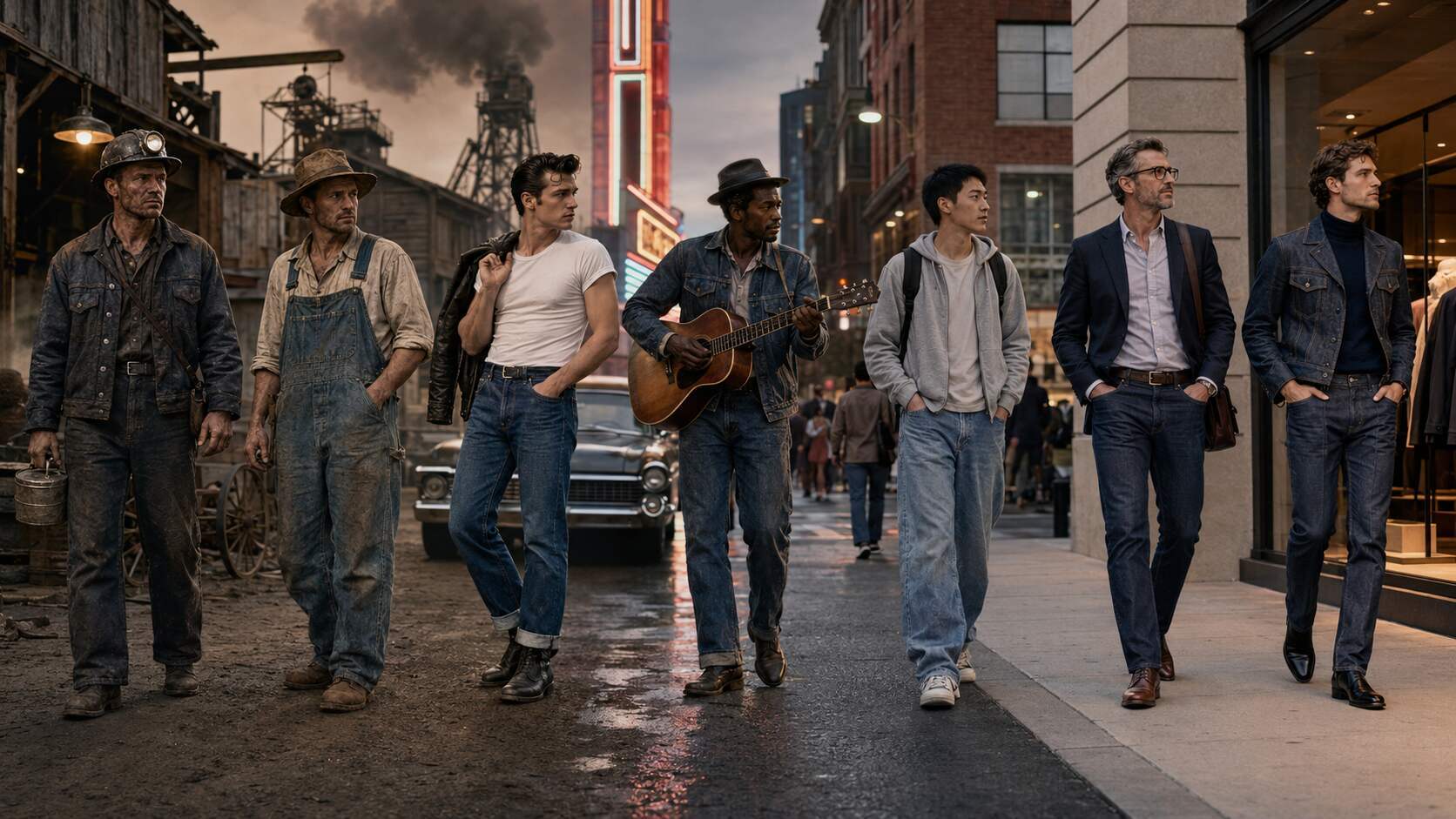Blue jeans became an American menswear icon because they moved successfully from mines, farms, and factories into movies, music, schools, offices, and luxury stores. Their durable construction gave them practical value, while their association with workers, cowboys, and rebellious young people gave them cultural power. Few garments have crossed so many social and economic boundaries.