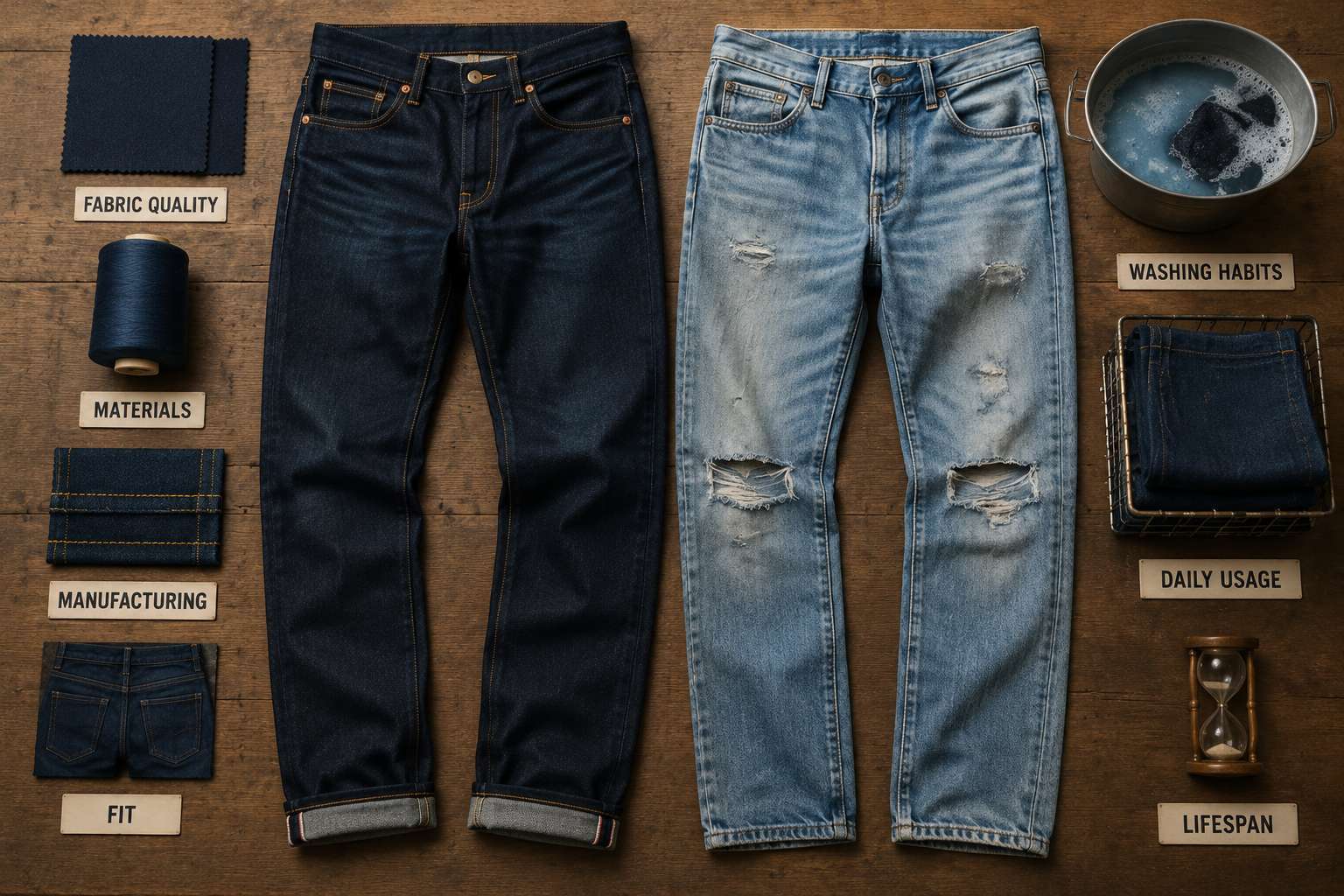 Jeans lifespan is determined by fabric quality, manufacturing standards, fit, washing habits, and daily usage. A well-designed pair of jeans made with premium materials can last significantly longer than low-cost alternatives.