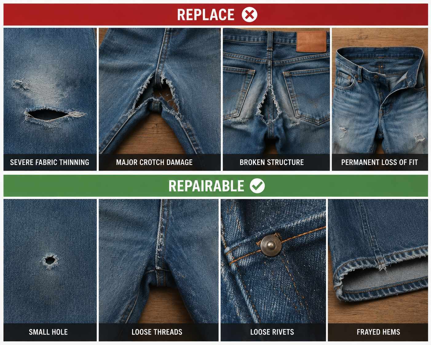 You should replace jeans when repairs cannot restore their function, such as severe fabric thinning, major crotch damage, broken structure, or permanent loss of fit. Small issues can often be repaired and do not necessarily mean the jeans are finished.