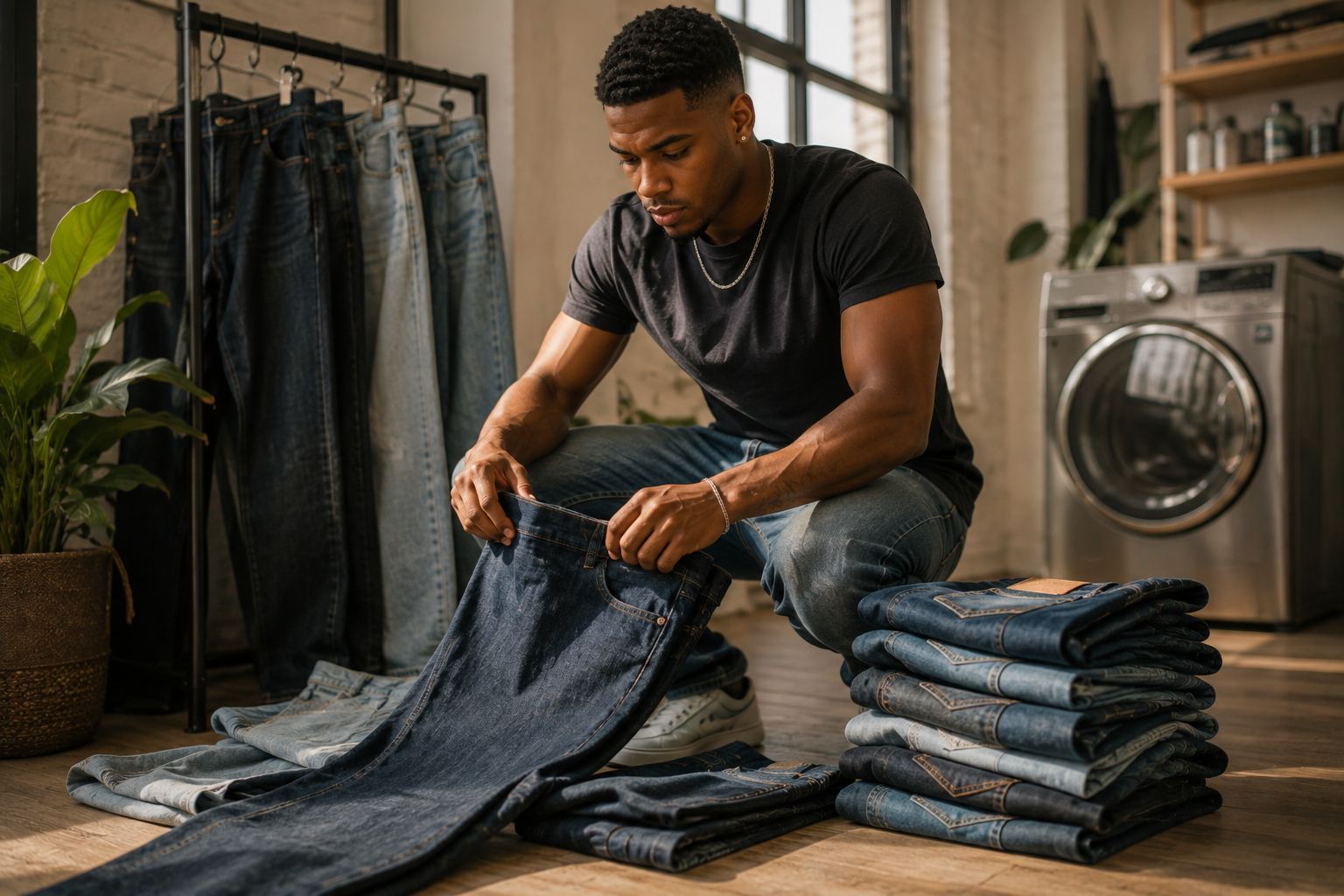 To stop jeans from stretching, choose the correct fit, avoid overstretching tight areas, select denim with better recovery,