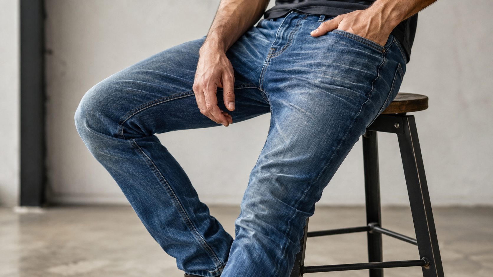 Jeans wrinkle because denim bends with the body, absorbs water during washing,