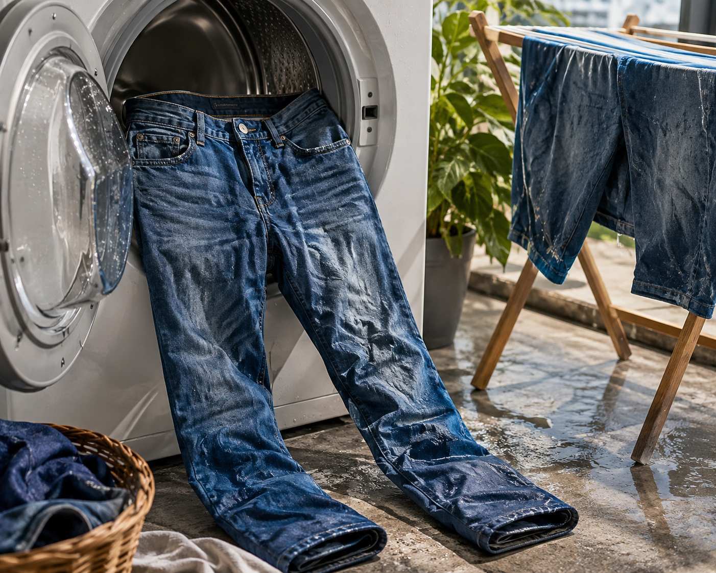 Jeans often wrinkle after washing because water, agitation, spinning, overcrowding, uneven drying