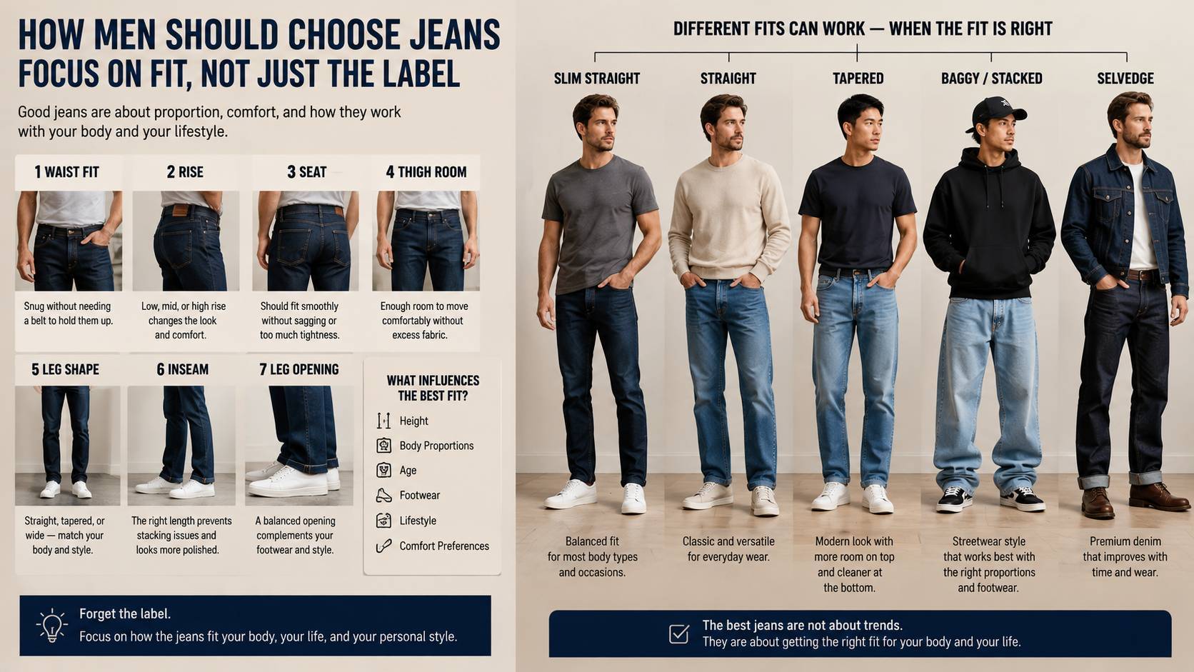 Men should choose jeans by looking at waist fit, rise, seat, thigh room, leg shape, inseam, and leg opening rather than relying only on a label such as slim, straight, or relaxed. Height, body proportions, age, footwear, and comfort preferences all influence which pattern works best.