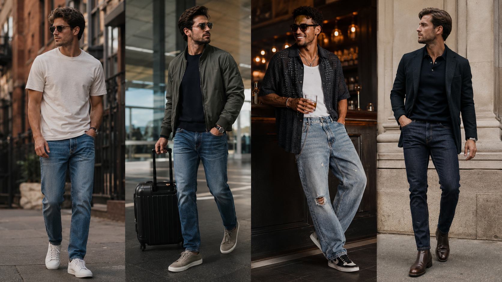 Men can wear jeans across casual, travel, social, and many smart-casual settings by changing the wash, fit, footwear, and layers around them. Cleaner dark denim usually works better for polished outfits, while faded, distressed, baggy, or stacked jeans communicate a more casual or fashion-driven style.