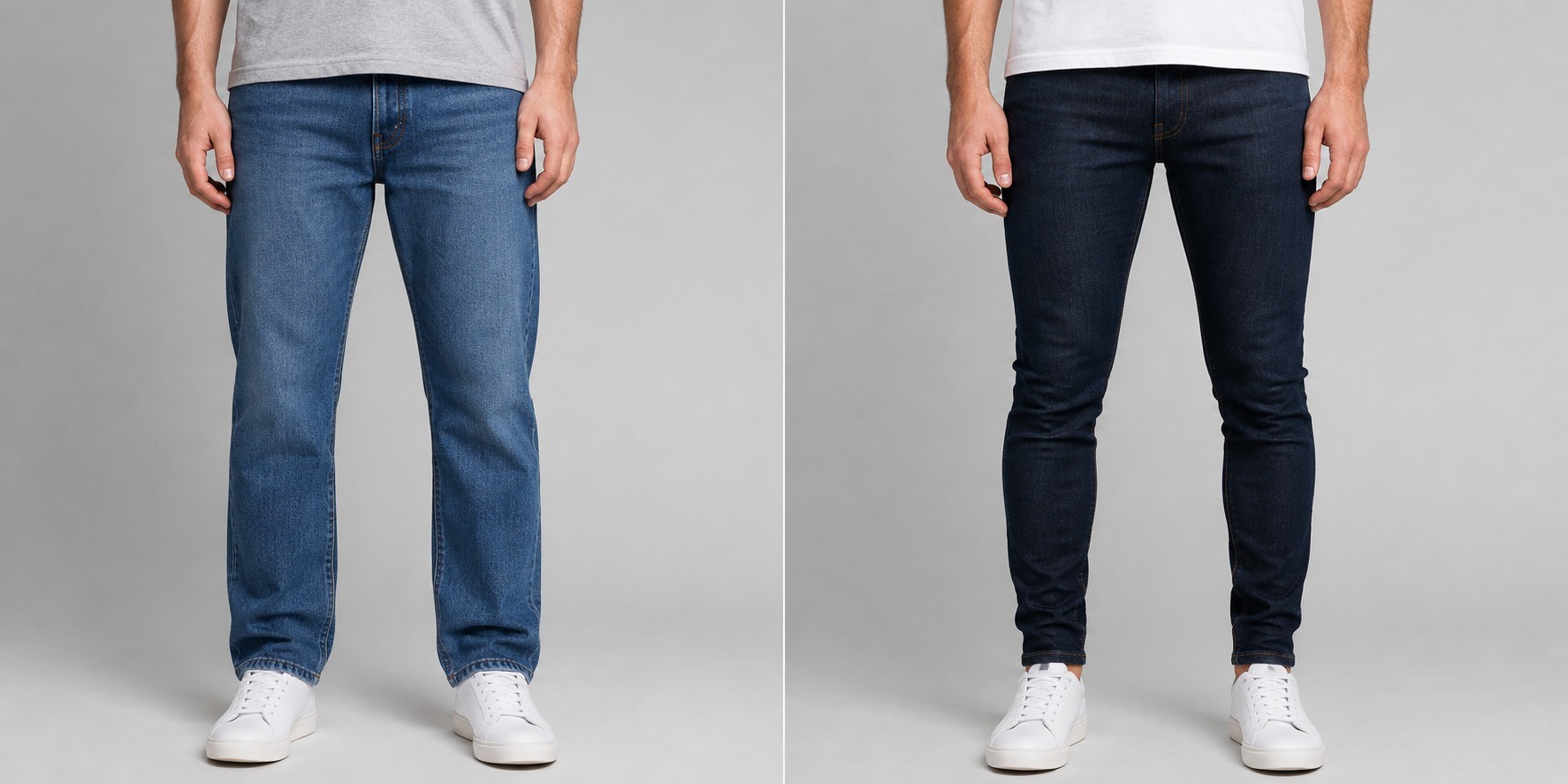 For years, buying jeans seemed simple. If you wanted a sharp, fitted look, you chose skinny jeans. If you wanted something more classic, you picked straight legs. That distinction still exists, but modern denim has made the choice much more interesting. Fabric stretch, rise, thigh width, knee shape, hem opening, body proportions, footwear, and even the way people style oversized clothing can completely change how the same jeans look and feel.  For shoppers, that means the label on the hangtag only tells part of the story. For fashion brands and denim designers, the difference becomes even more important because a few centimeters in the knee or leg opening can change the entire character of a product.  Straight leg jeans maintain a relatively consistent leg width from the thigh or knee toward the hem, creating a clean and balanced silhouette. Skinny jeans sit much closer to the body and taper tightly through the thigh, knee, calf, and ankle. Straight jeans usually provide more physical room and styling flexibility, while skinny jeans create a sharper, body-hugging shape that often relies on stretch denim for comfort.