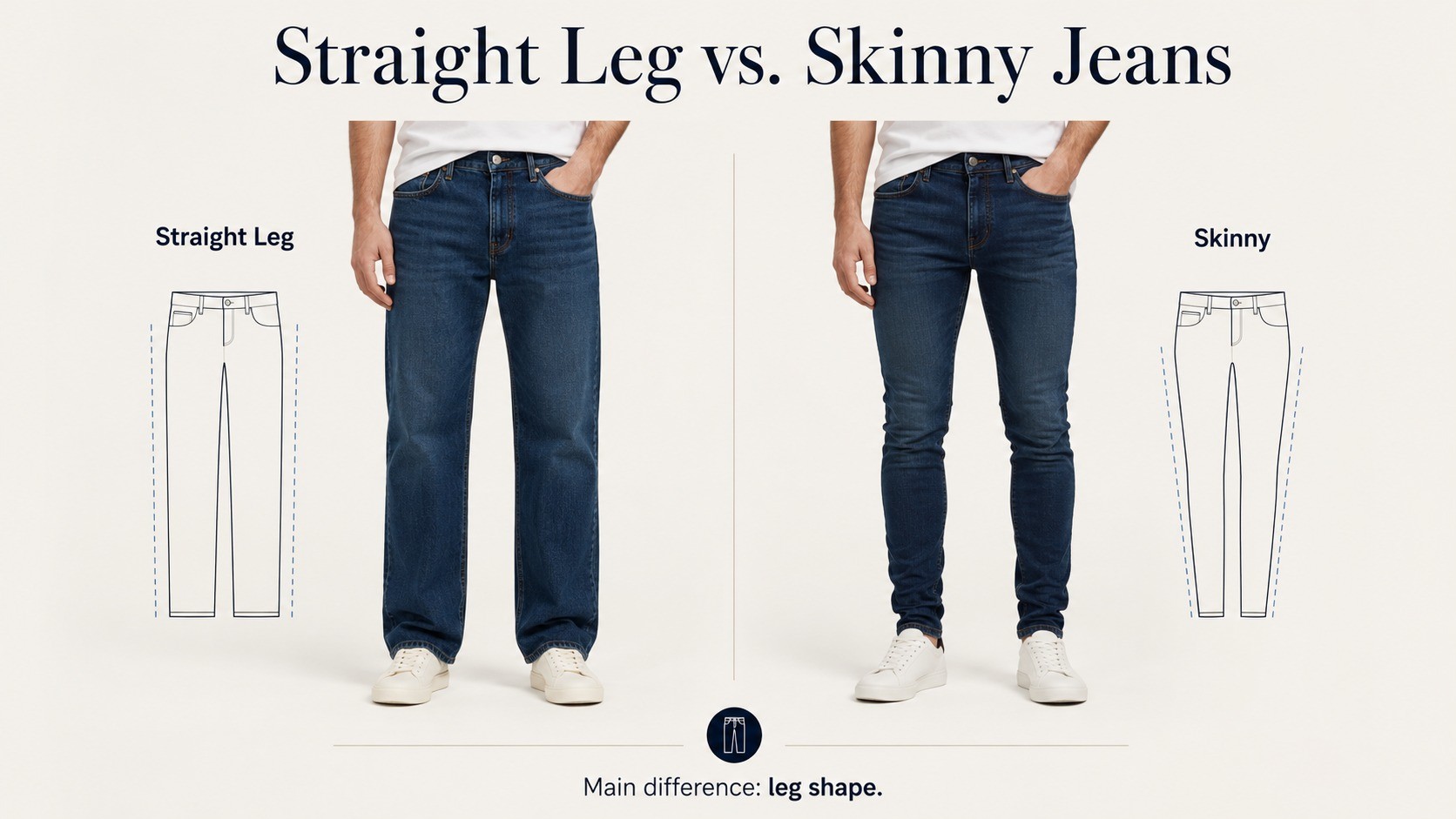 The main difference is the leg shape. Straight leg jeans keep a cleaner, more consistent width down the leg, while skinny jeans progressively hug and narrow around the thigh, knee, calf, and ankle. This structural difference affects comfort, movement, fabric choice, visual proportions, footwear compatibility, and how the jeans behave after repeated wear.
