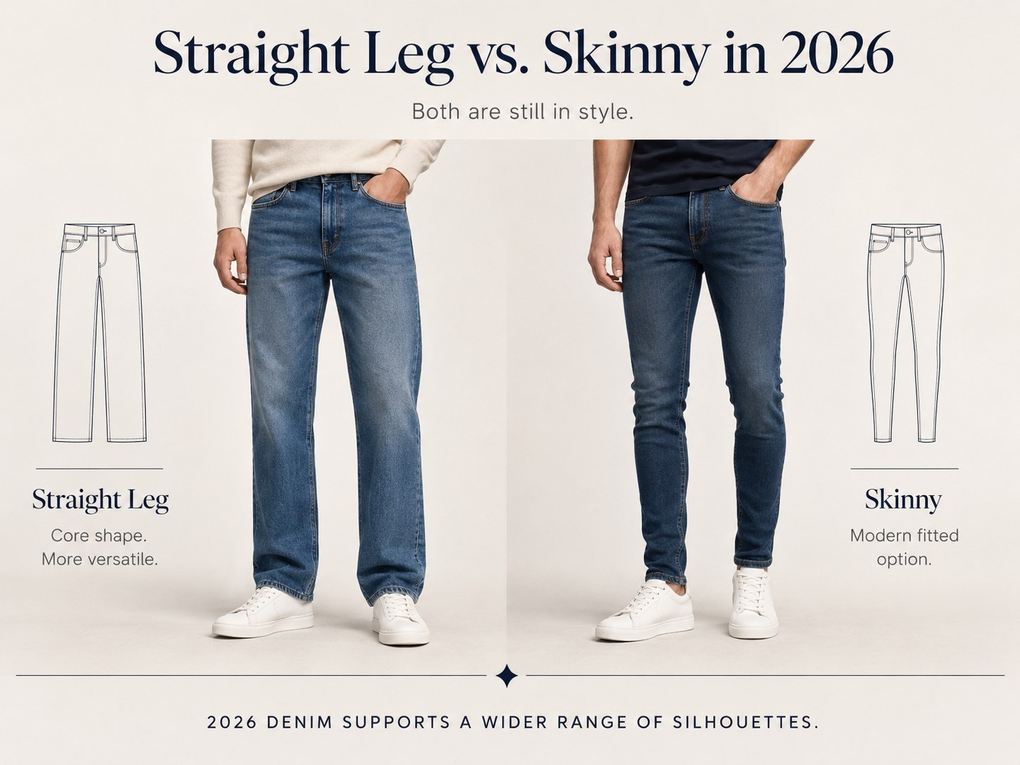 Skinny jeans are still in style in 2026, but the market now supports a wider range of silhouettes. Straight-leg jeans remain a major core shape, while slimmer fits are returning through modern skinny, slim, stovepipe, and cigarette interpretations. For most customers, straight jeans offer greater versatility, while skinny jeans remain useful for fitted outfits and specific styling preferences.