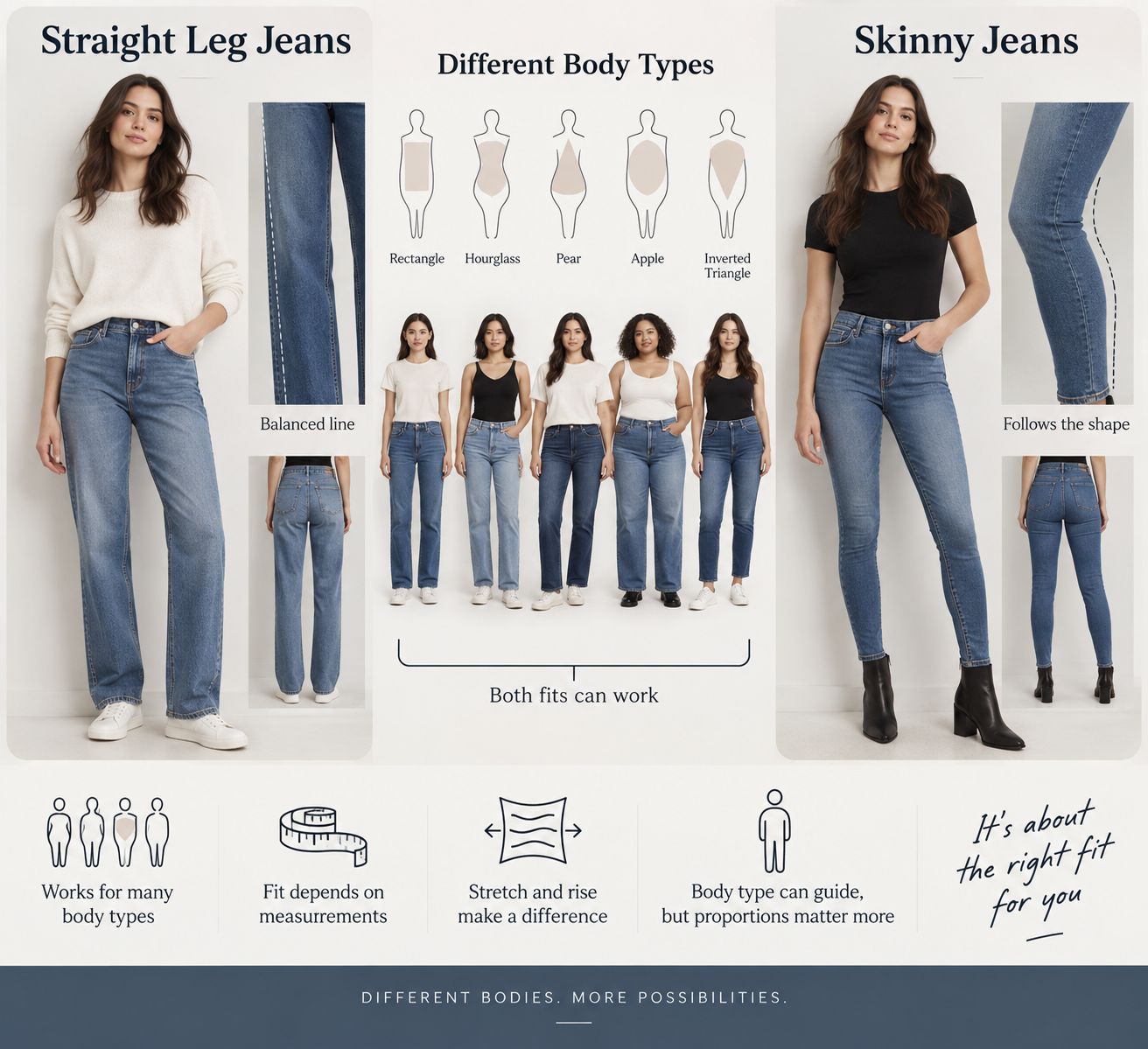 Straight leg jeans work across many body types because the leg falls in a relatively balanced line instead of closely following the calf and ankle. Skinny jeans can also suit many figures, especially when rise, stretch, and thigh measurements are correctly developed. Body type can guide selection, but individual proportions and garment measurements provide a much more reliable answer.