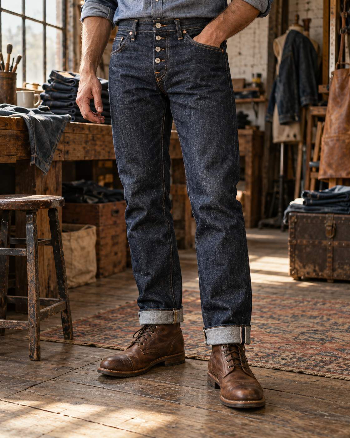 Button fly jeans are still in style, especially in classic straight jeans, 