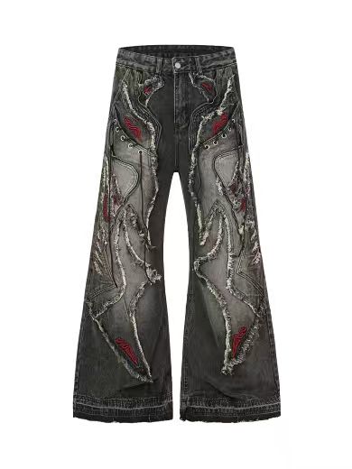 Embroidered Frayed Distressed Jeans