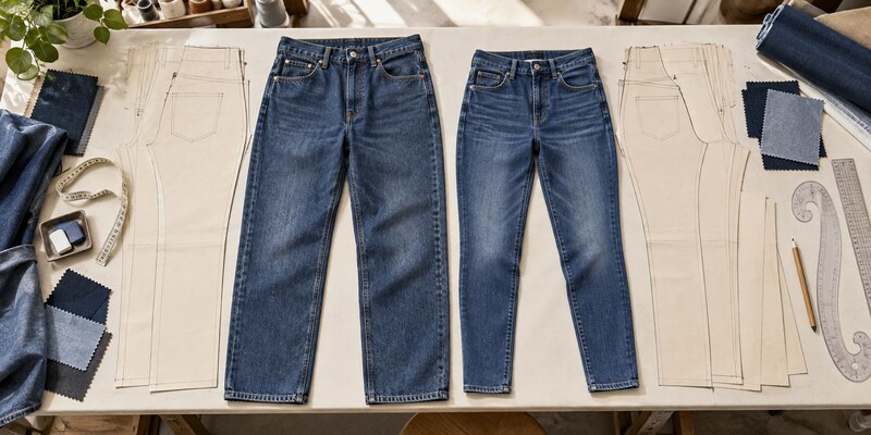 The main difference between men’s and women’s jeans is usually the pattern block used to create them. Brands may adjust the waist-to-hip relationship, rise, crotch curve, thigh shape, pocket size, leg proportions, fabric stretch, and size grading for different target customers. These are common design conventions rather than universal biological rules, so the actual garment measurements are more useful than the gender label alone.