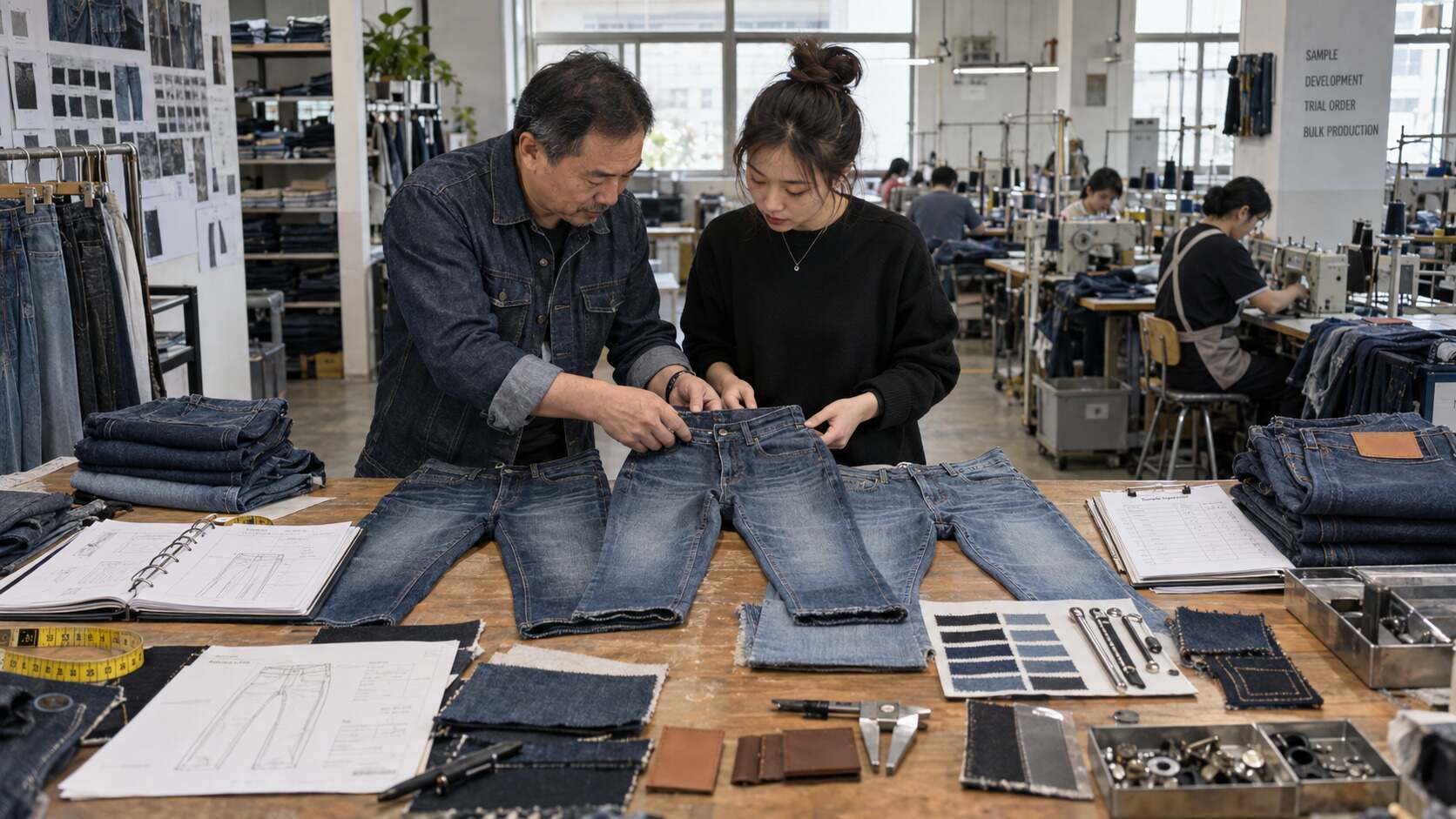 The top custom jeans manufacturer combines denim-specific experience, accurate sampling, flexible order quantities, measurable quality control, and enough capacity to support growth. For an emerging brand, the right supplier should accept trial orders, develop products from sketches or tech packs, provide OEM or ODM services, customize branding, and reproduce the approved sample consistently when the order becomes larger.