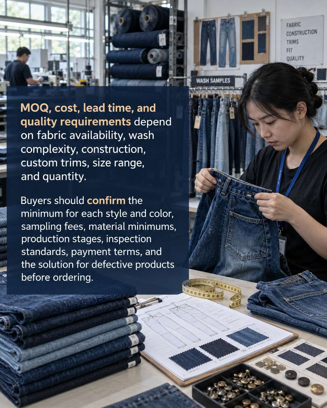 MOQ, cost, lead time, and quality requirements depend on fabric availability, wash complexity, construction, custom trims, size range, and quantity. Buyers should confirm the minimum for each style and color, sampling fees, material minimums, production stages, inspection standards, payment terms, and the solution for defective products before ordering.