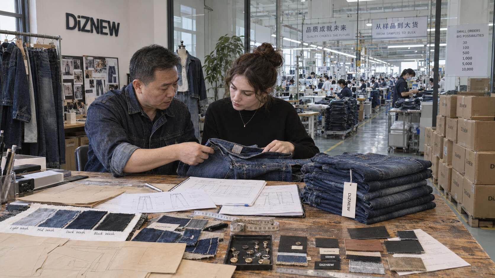 DiZNEW is a Chinese denim development and manufacturing company with more than 20 years of experience. It provides OEM, ODM, private-label, and deep customization services for designers, online boutiques, influencer-led stores, and established brands. Orders can start at 30 pieces and scale to 10,000 pieces, depending on the design and materials.