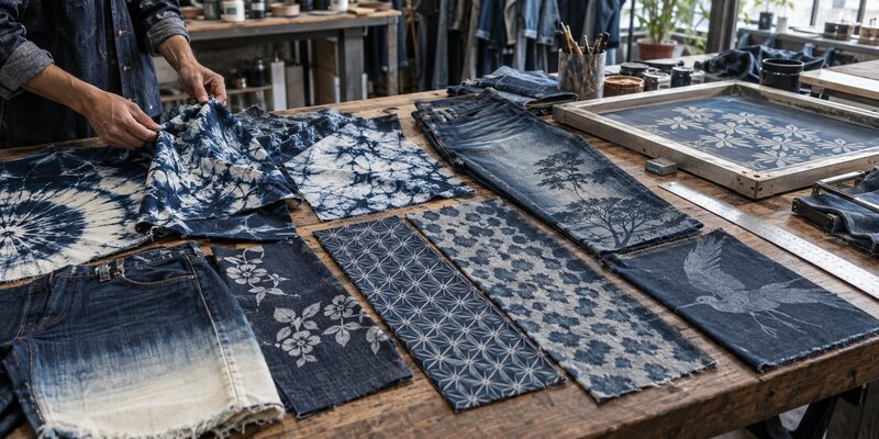 Jeans can be patterned through tie-dyeing, Shibori, ice dyeing, dip dyeing, stencil application, screen printing, discharge, pigment printing, and laser-assisted finishing. Free-form methods create natural variation, while printing and laser methods give brands more control over the position, dimensions, and repeatability of a design.
