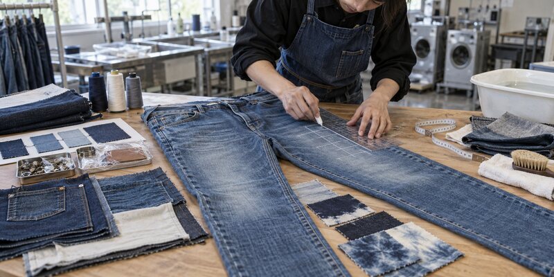 Prepare jeans by confirming fiber content, removing stains and fabric finishes, prewashing the garment, and testing the dye on the actual denim. Mark the artwork position after accounting for shrinkage. Protect trims and labels where necessary, and check how the cotton fabric, polyester thread, elastane, pockets, and seams react to the selected process.