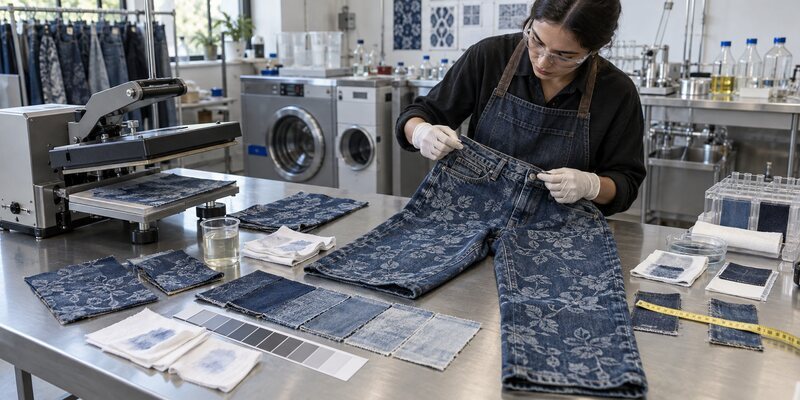 Permanent results require the correct dye-fiber combination, accurate fixation, thorough rinsing, controlled washing, and suitable curing. Soda ash commonly fixes fiber-reactive dye on cotton. Printed pigments may require heat curing or a binder. Finished jeans should be tested for laundering, dry and wet rubbing, perspiration, shade change, shrinkage, and appearance after washing.