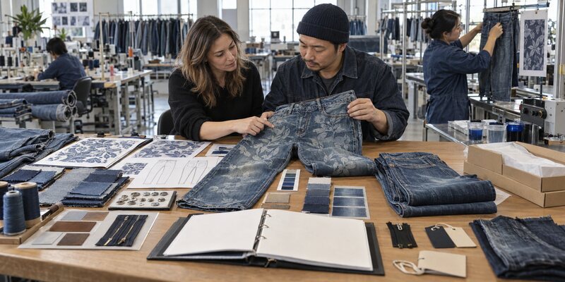 A manufacturer converts the buyer’s artwork into a production method, develops the denim and wash combination, makes a sample, and records the approved process. Bulk production then follows controlled dye recipes, placement guides, curing settings, and inspection standards. Buyers should supply artwork, garment measurements, fabric preferences, target colors, quantities, size range, labels, packaging, and expected performance.