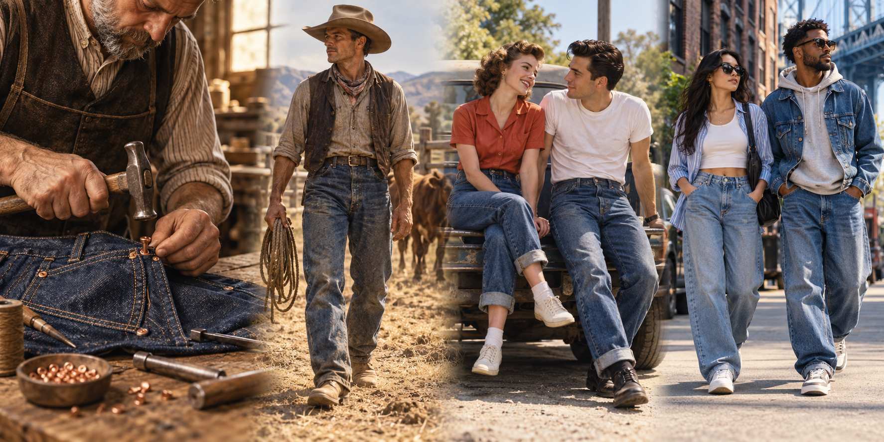 Modern riveted blue jeans began with Jacob Davis and Levi Strauss, who received a U.S. patent on May 20, 1873, for reinforcing work trousers with metal rivets. Denim and work pants existed earlier. Jeans gradually entered American closets through Western imagery, Hollywood, women’s adoption, youth culture, and casual dressing. Later, designer fashion and streetwear expanded their appeal through new fits, washes, and ways to express identity.