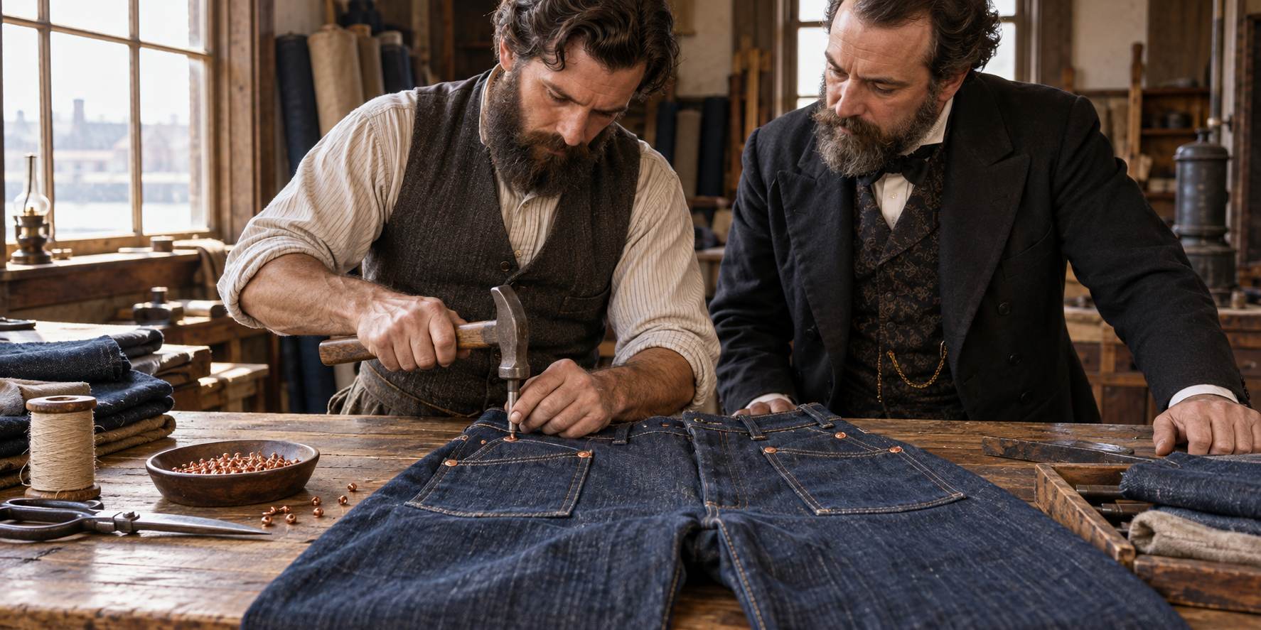 Jacob Davis and Levi Strauss jointly pioneered the patented riveted work trousers that became modern blue jeans. Their patent was granted on May 20, 1873. Davis developed the reinforcement idea; Strauss helped finance and commercialize it. Earlier denim trousers already existed, so the milestone concerns riveted garment construction rather than the invention of denim fabric.