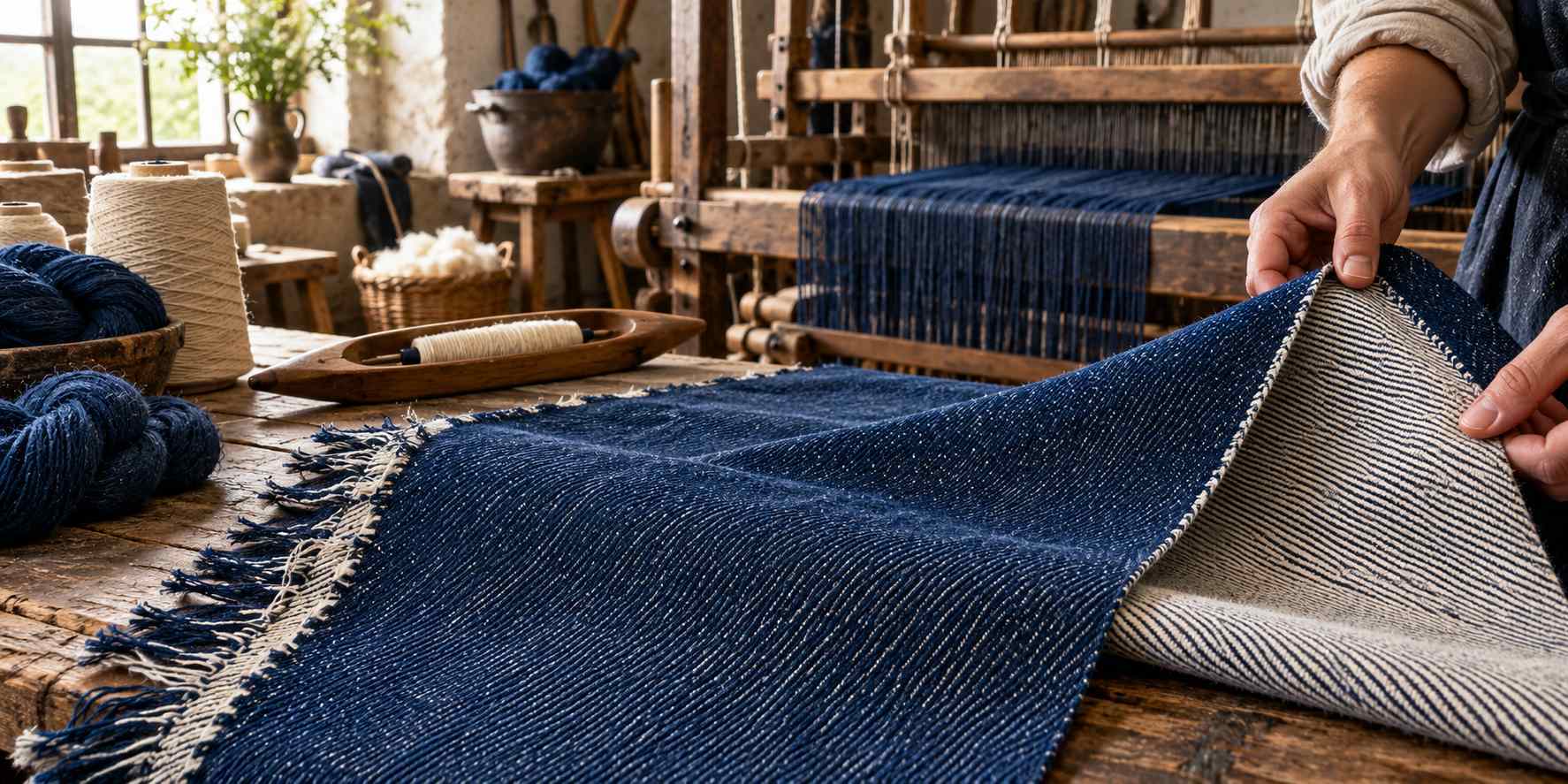 Denim developed through textile traditions that predate modern riveted jeans. Its name is commonly linked to Nîmes, while “jeans” is associated with Genoa, although the fabric history is more complicated than those names suggest. Traditional blue denim typically combines indigo-dyed warp yarns with undyed weft yarns, creating a blue face and a lighter reverse.