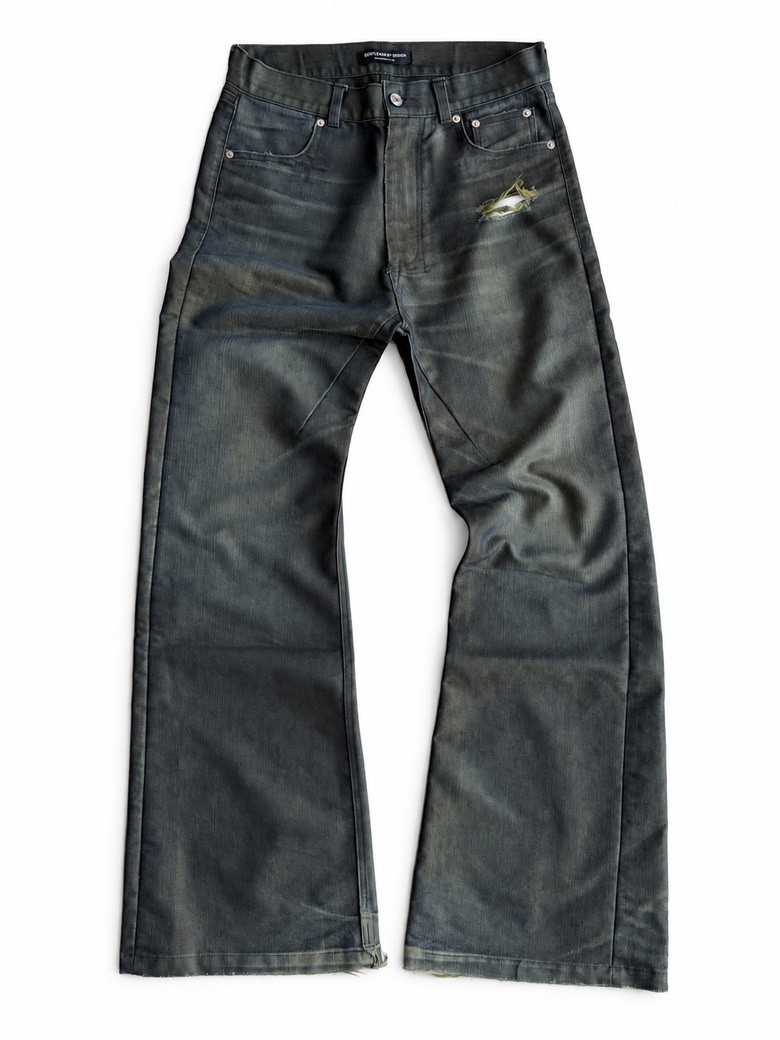Charcoal wide-leg jeans with faded whiskering and a small distressed opening on the upper thigh.