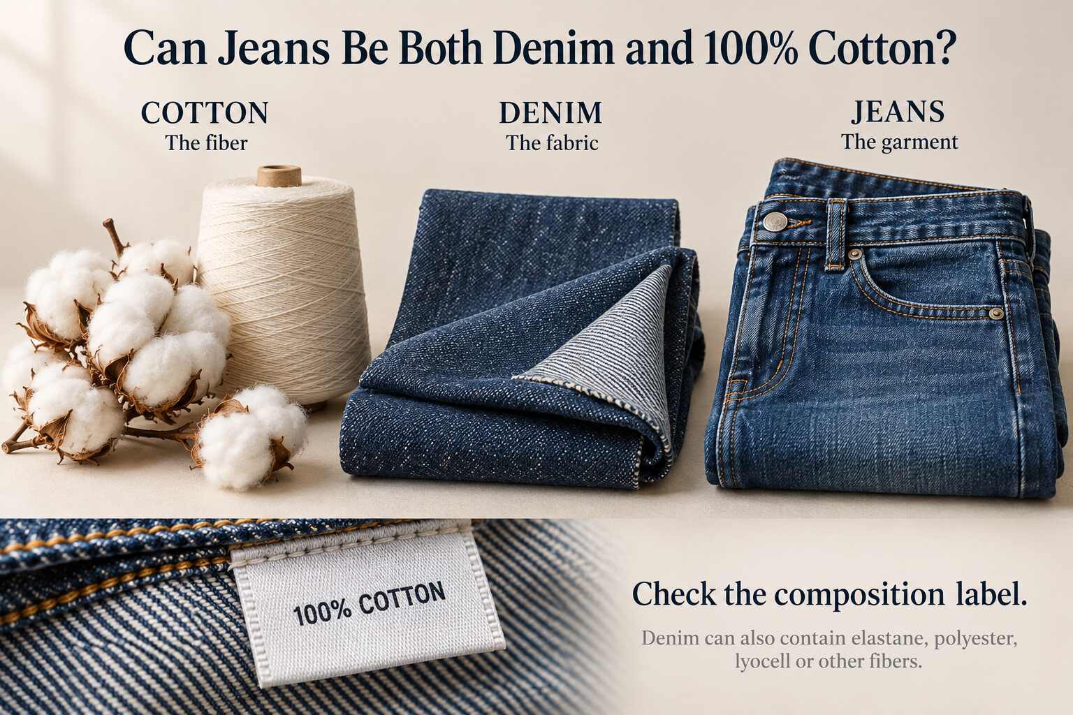 Jeans are usually made from denim, and denim is traditionally made from cotton. Cotton is a fiber, denim is a fabric, and jeans are the finished garment. A pair can therefore be both denim and 100% cotton. However, many modern denim jeans blend cotton with elastane, polyester, lyocell, or other fibers to adjust stretch, softness, drape, and performance. Check the specific product’s composition label to know what it contains.