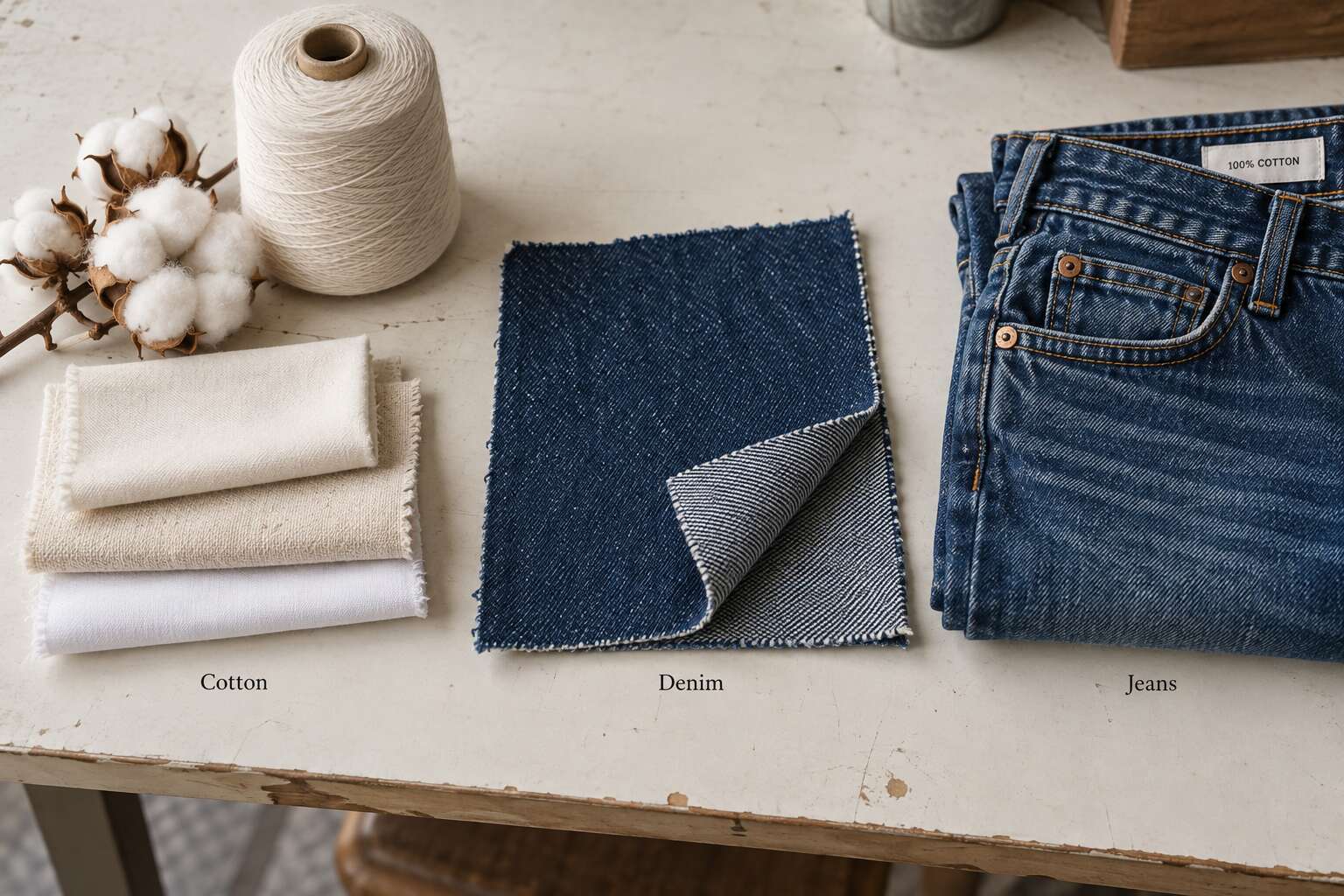 Cotton describes the fiber, denim describes the fabric, and jeans describe the garment. Denim is traditionally a sturdy, warp-faced twill woven from cotton yarns, although cotton blends are also common. Cotton can also become jersey, canvas, poplin, and many other fabrics. This means cotton clothing is not automatically denim, while denim jeans can legitimately carry a 100% cotton composition label.