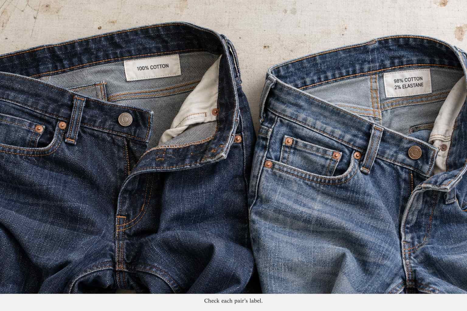 No. Denim jeans may contain 100% cotton or a blend of cotton and other fibers. Both all-cotton and blended options remain available from established brands, including Levi’s and Wrangler. The reliable way to identify a pair’s composition is to check the exact style, color or wash, product code, and label rather than assuming every jean from one brand uses the same fabric.