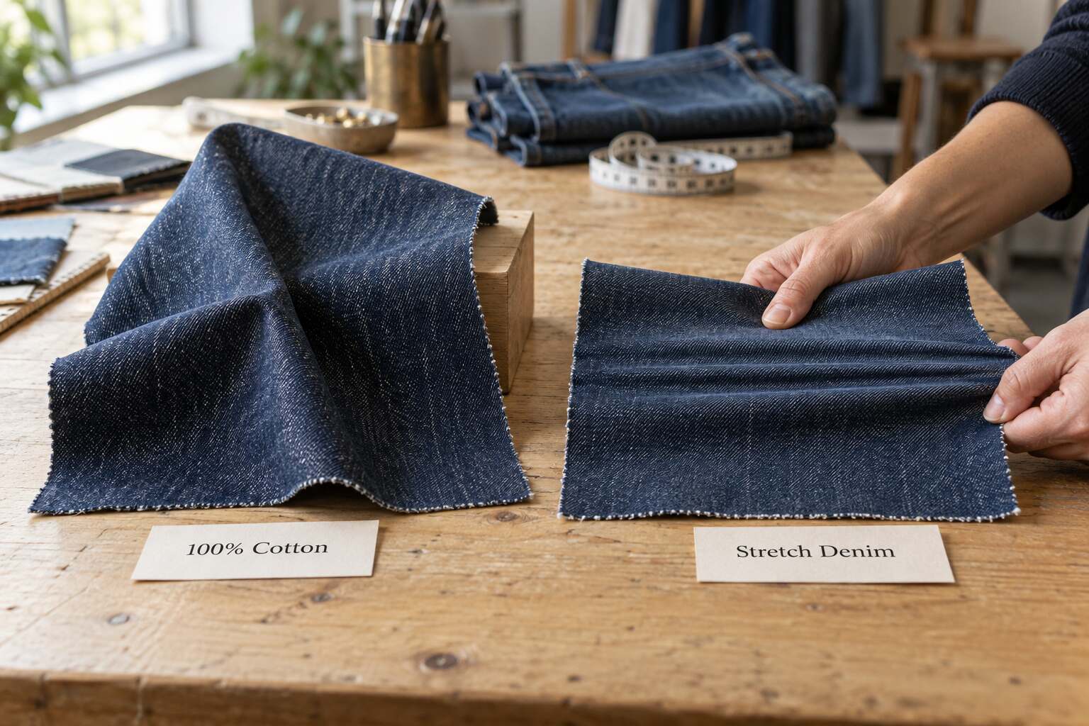 100% cotton jeans often provide a structured feel that softens and adapts with wear. Stretch denim incorporates construction or fibers that allow greater extension, often with elastic recovery. Neither option is automatically more comfortable or durable. Compare the actual fabric’s weight, flexibility, recovery, finishing, and garment fit against how your customer will wear the jeans.