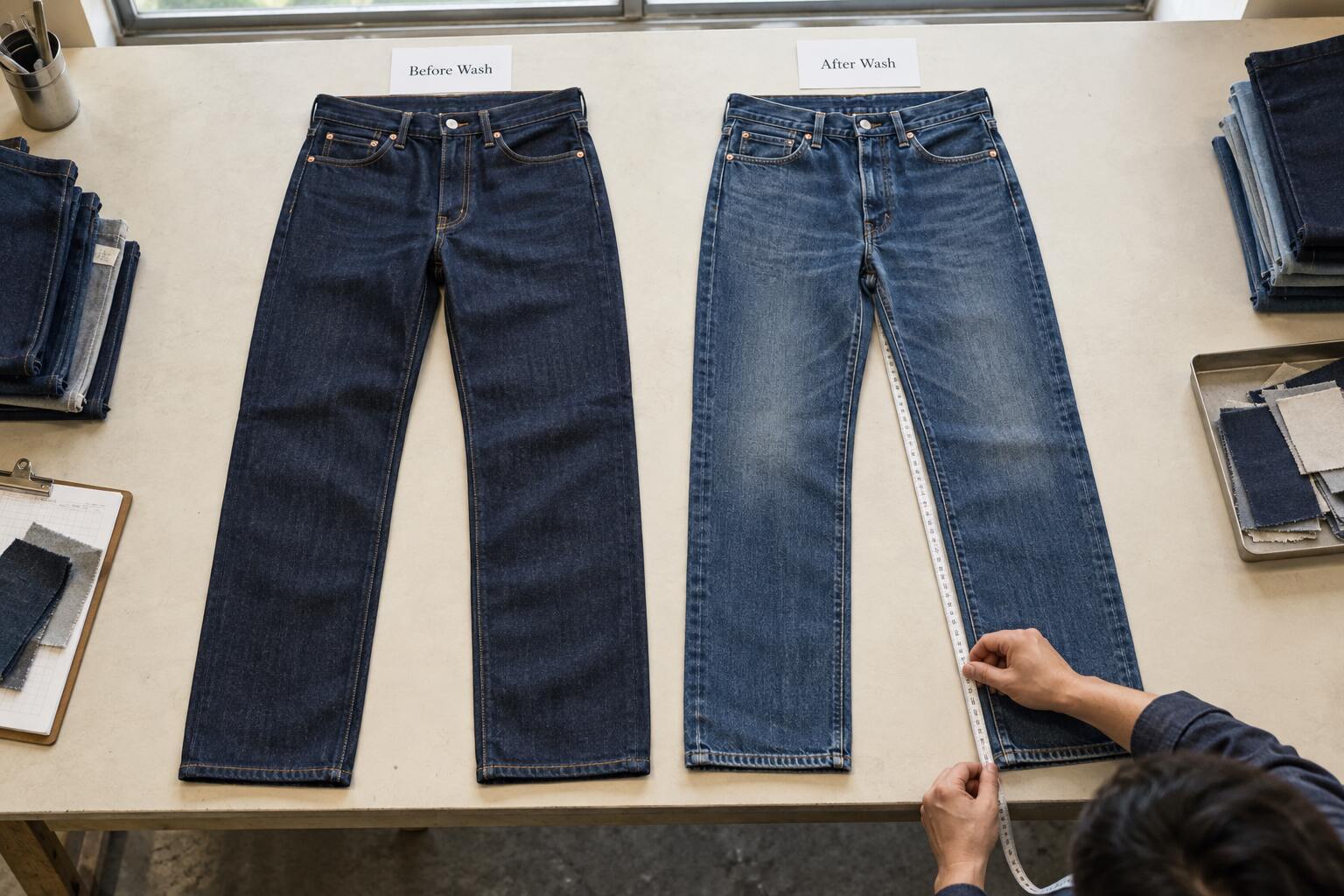 Yes. Cotton denim can shrink during laundering, fade with washing and friction, and grow in stressed areas during wear. The amount depends on the fabric, processing, garment construction, and care conditions. Preshrinking and garment washing can reduce later dimensional changes, but the finished jeans still need testing. For brands, appearance and fit should be approved after the intended wash, not only before it.
