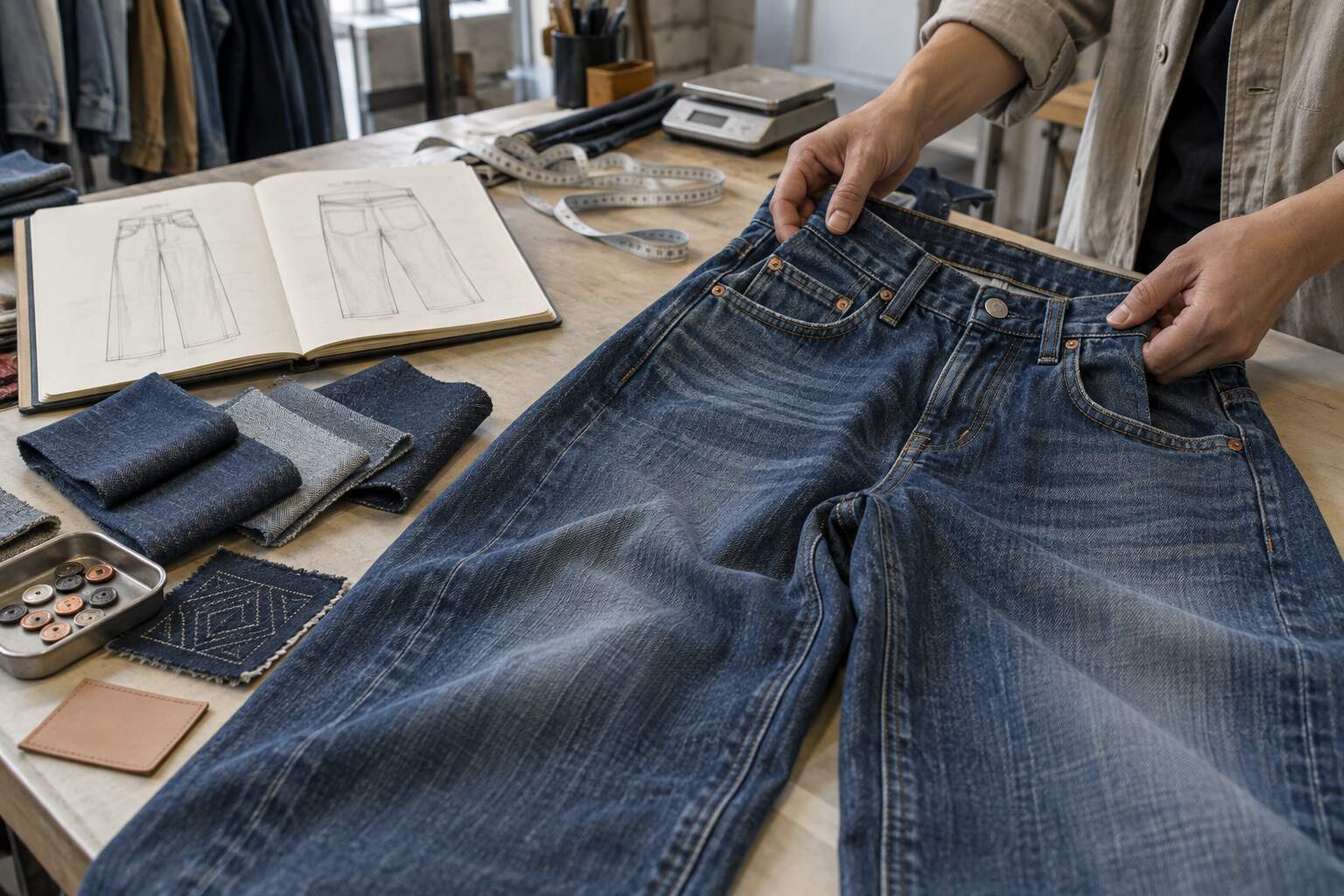 Choose denim by working backward from the customer, silhouette, and finished wash. Confirm composition, weight, structure, stretch, recovery, and shrinkage together. Then validate the fabric in a sewn, washed sample before approving bulk production. For complex custom jeans, discuss embroidery, distressing, hardware, and branding early so the fabric and construction support the complete design.