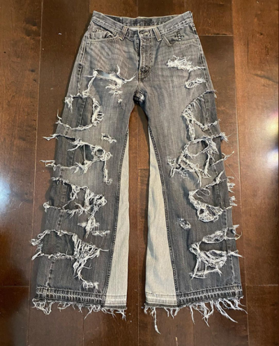 Custom Extreme Distressed Black Denim Jeans – Avant-Garde Statement