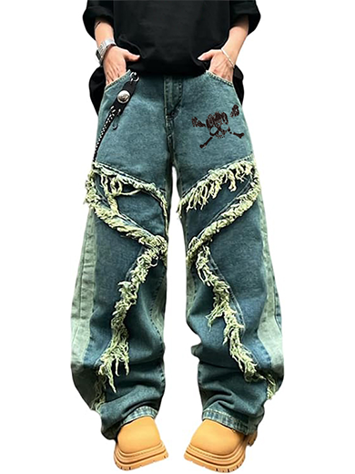 Green designer-style pants with frayed edges