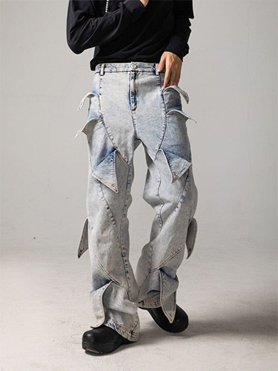 Washed blue designed straight-leg jeans