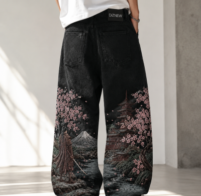 Custom Washed Black Baggy Jeans with Landscape Embroidery & All-Over Print