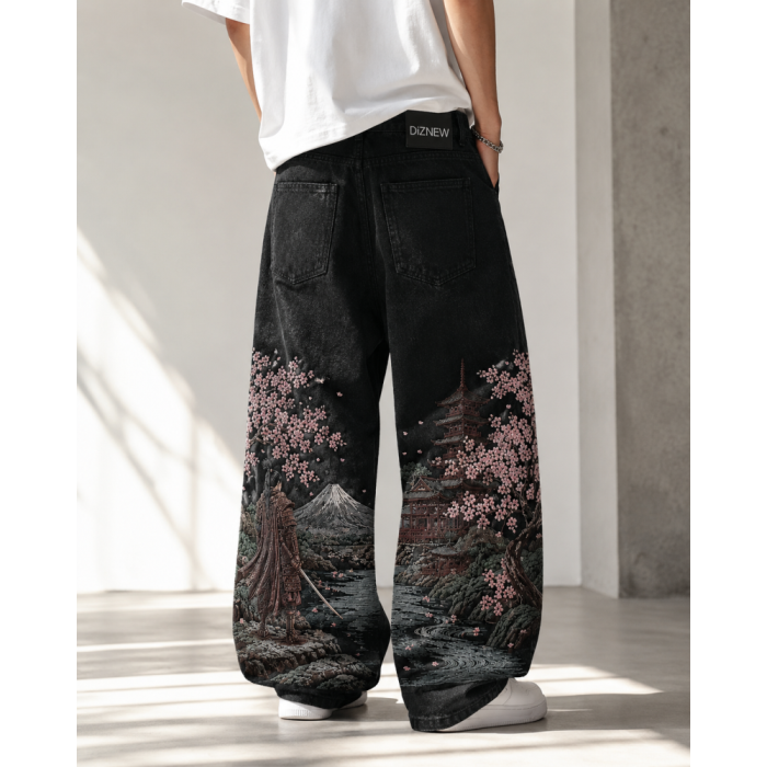Custom Washed Black Baggy Jeans with Landscape Embroidery & All-Over Print
