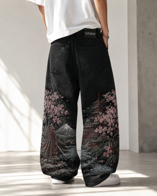 Custom Washed Black Baggy Jeans with Landscape Embroidery & All-Over Print