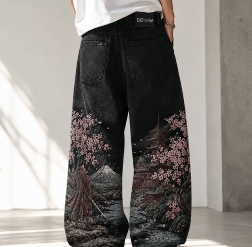 Custom Washed Black Baggy Jeans with Landscape Embroidery & All-Over Print