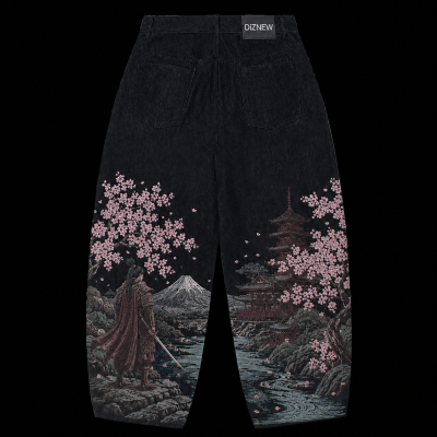 Custom Washed Black Baggy Jeans with Landscape Embroidery & All-Over Print