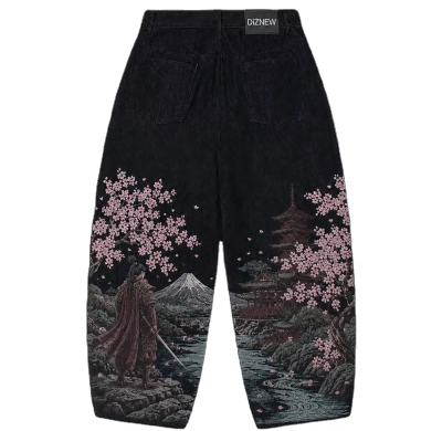 Custom Washed Black Baggy Jeans with Landscape Embroidery & All-Over Print
