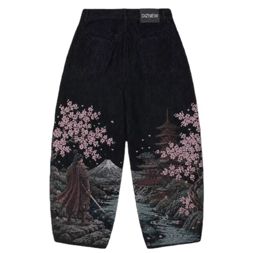 Custom Washed Black Baggy Jeans with Landscape Embroidery & All-Over Print