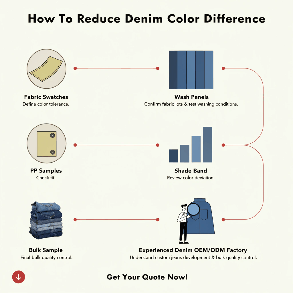 Brands can reduce denim color difference by approving fabric swatches, wash panels, PP samples, and bulk samples step by step. They should define color tolerance, confirm fabric lots, test washing conditions, check fit, review shade bands, and work with an experienced denim OEM/ODM factory that understands custom jeans development and bulk quality control.