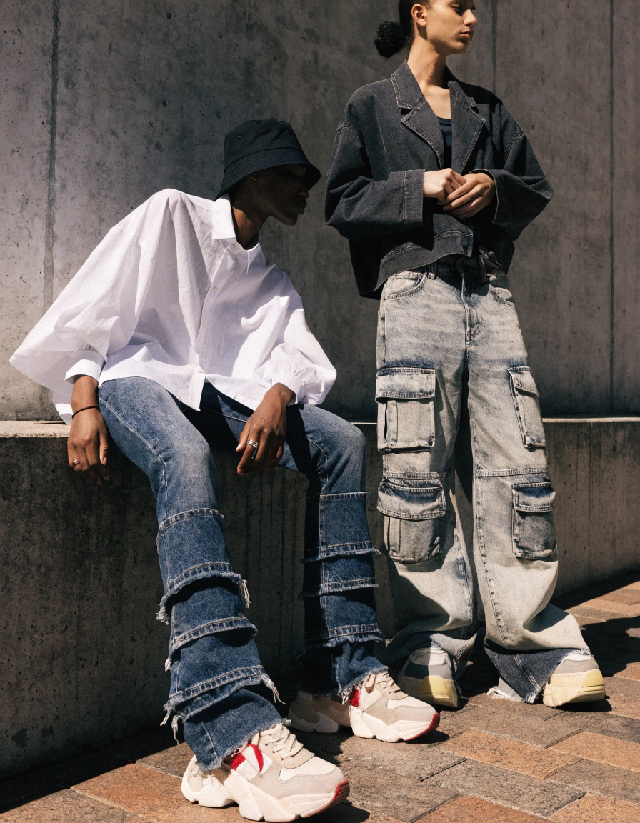 Design details can make skinny jeans look more relaxed by changing the visual balance. Stacked hems, raw hems, distressing, fading, cargo pockets, side panels, wider leg openings, oversized tops, and streetwear styling can reduce the tight appearance. However, visual tricks help the look, while pattern changes create the actual baggy fit.