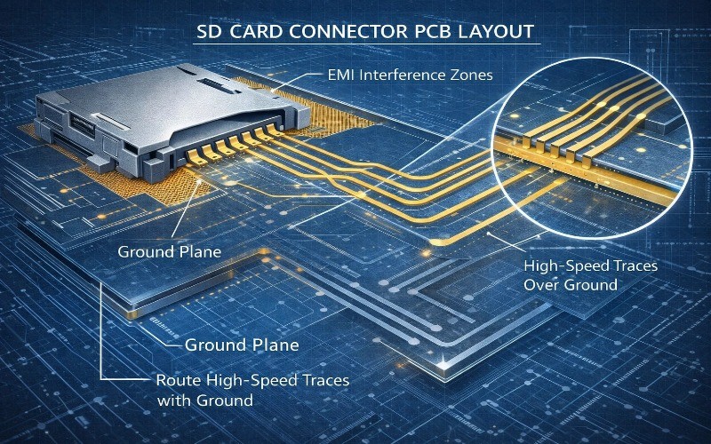 What PCB layout rules should be followed for SD card connectors?