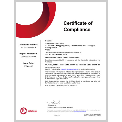 UL4703 Single Core Certificate